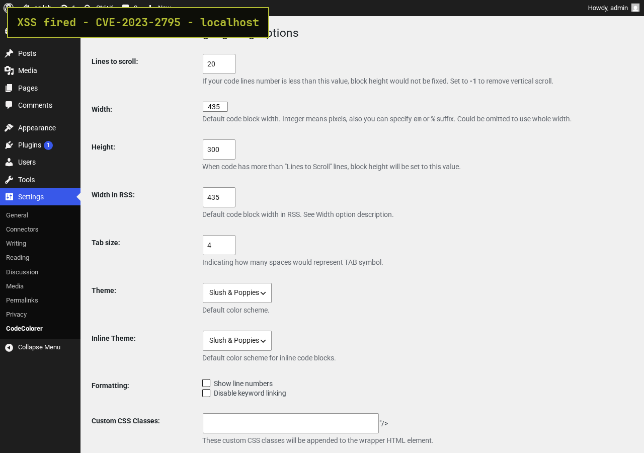 CVE-2023-2795 stored XSS firing on the CodeColorer settings page
