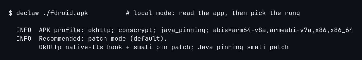 declaw's auto analysis reading a real app's TLS stack and picking a strategy