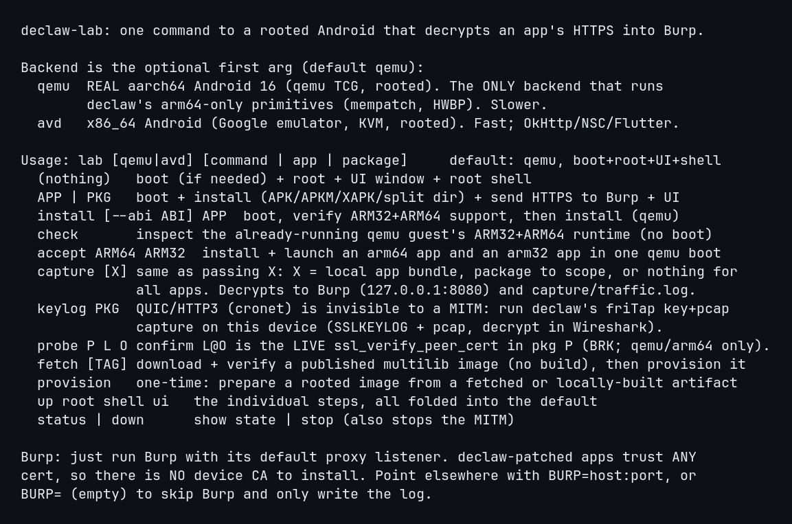 the lab entrypoint, both backends behind one command on Linux