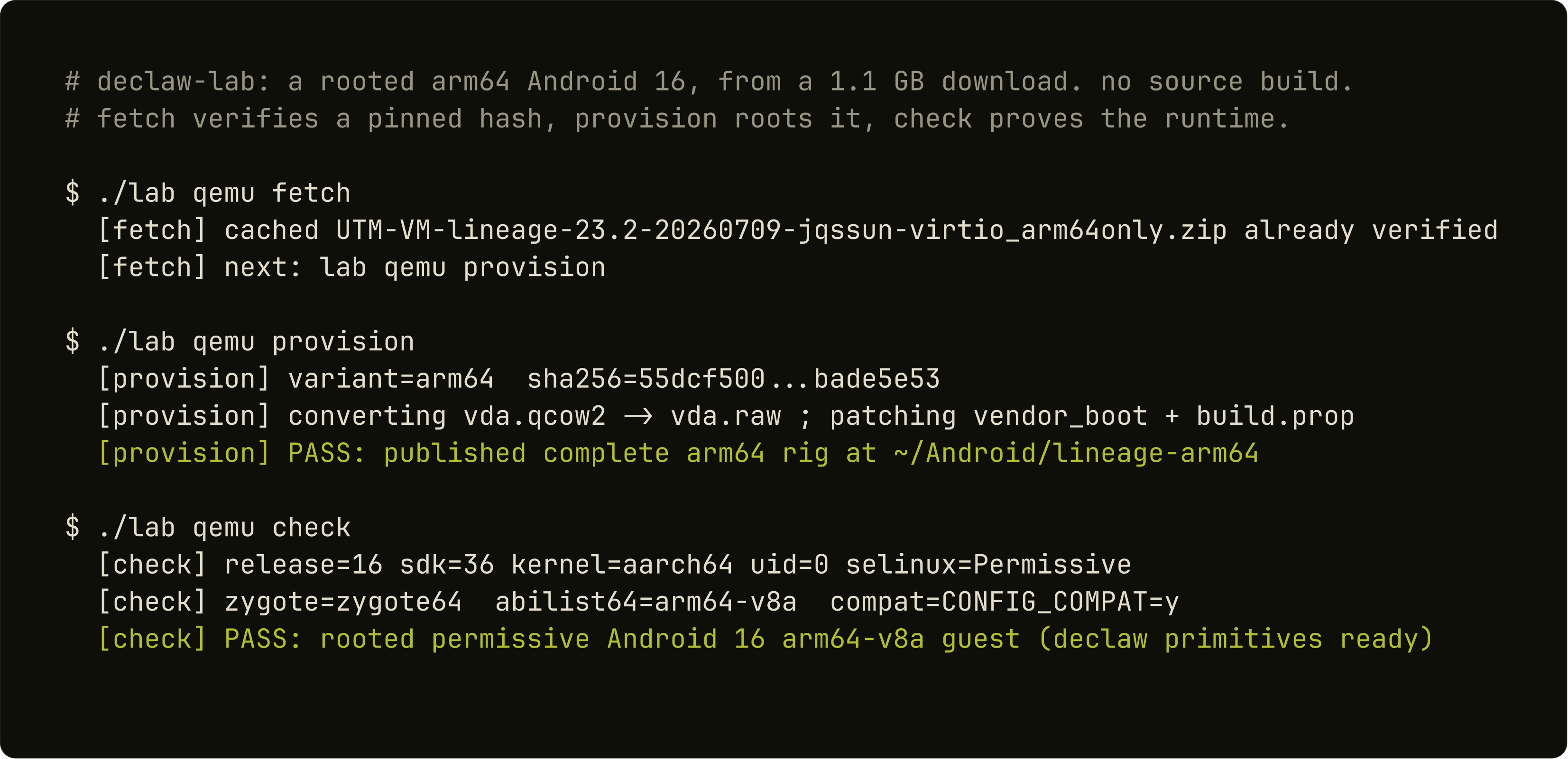 deploying the arm64 rig: fetch a pinned 1.1 GB image, root it, and check proves Android 16, uid 0, permissive