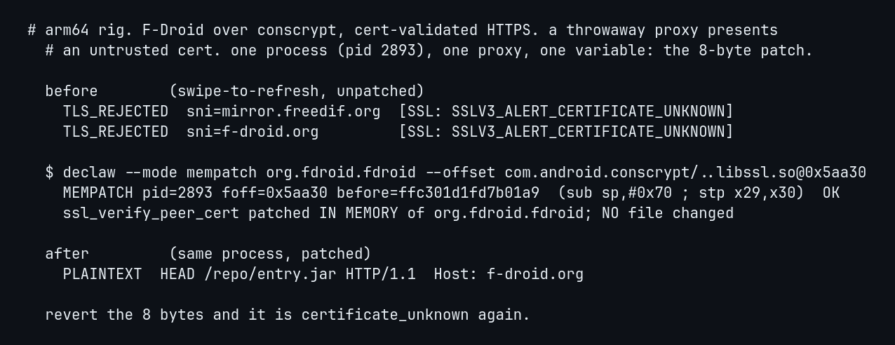 mempatch on the arm64 rig: F-Droid's cert-validated request to f-droid.org goes from certificate_unknown to plaintext after the eight-byte flip