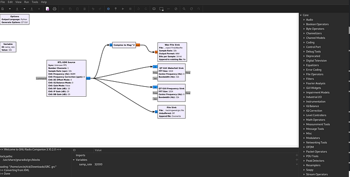 GNURadio Companion flowgraph: RTL-SDR Source → Complex to Mag² → Wav File Sink + waterfall sinks